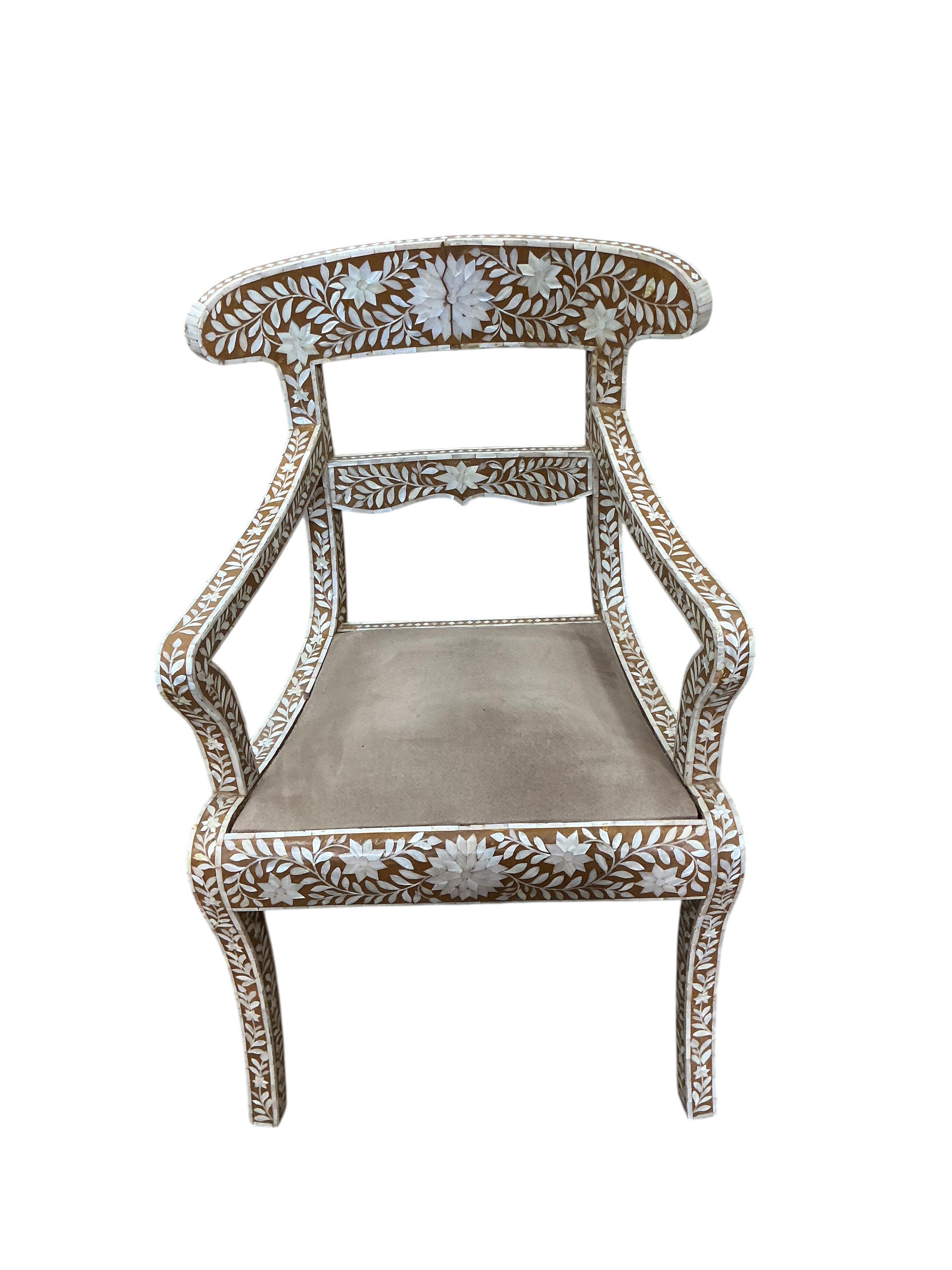 A 19th century Anglo Indian mother of pearl inlaid elbow chair, width 56cm, depth 44cm, height 90cm